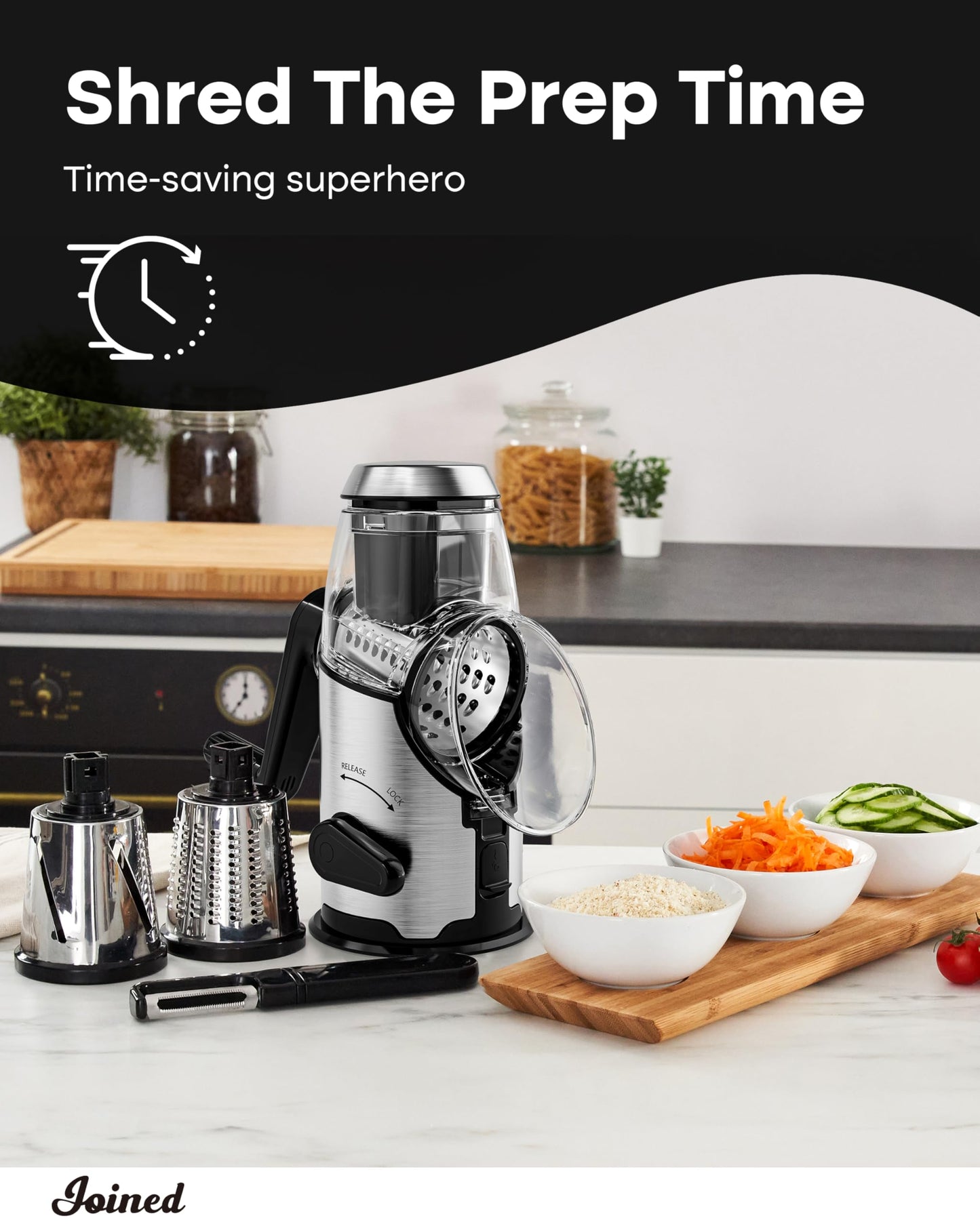Joined Rotary Cheese Grater with Handle - Mandoline Slicer with 3 Stainless Steel Drum Blades-Vegetable Slicer Walnuts Grinder Cheese Shredder Round Mandoline with Peeler
