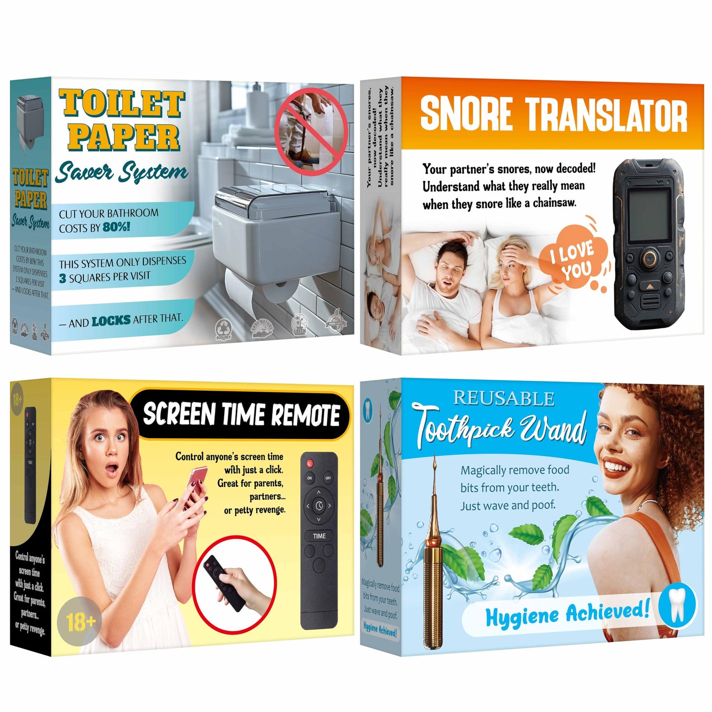 4 Pcs Prank Gift Box for Wrapping Your Real Present Hilarious Fake Gag Gift Box Toothpick Wand Toilet Paper and More in Prank Empty Packaging Practical Joke for Halloween Thanksgiving Christmas