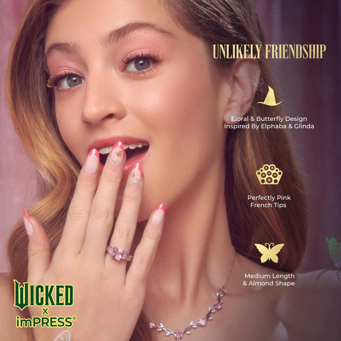 WICKED X imPRESS Press On Nails, New Improved Adhesive, Up To 10 Day Hold, ‘Unlikely Friendship’, Pink, Medium Almond, Includes 30 Fake Nails, 1 Prep Pad, 1 Manicure Stick, 1 Mini File