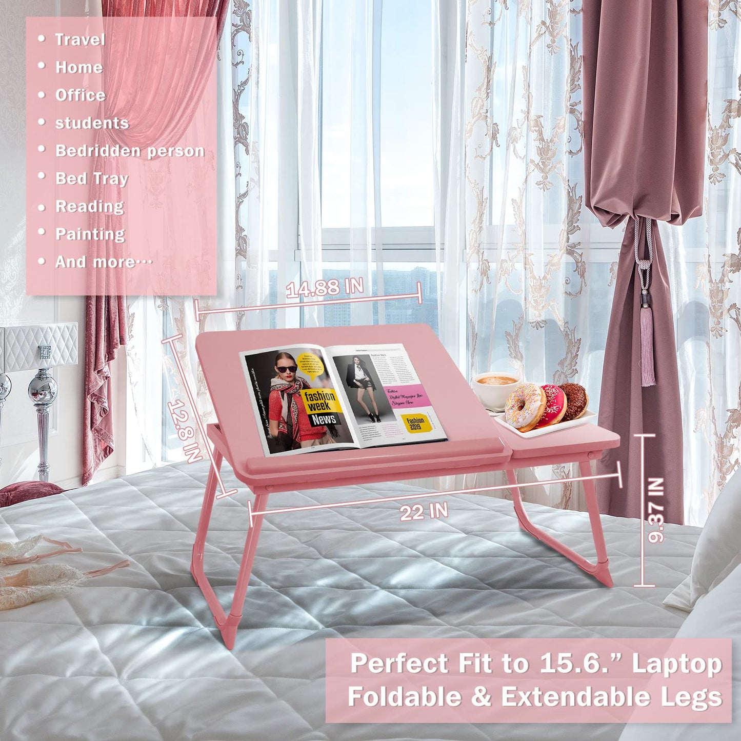 Laptop Desk for Bed Couch, Portable Lap Desk for Laptops, Bed Table for Laptops, Foldable Laptop Stand for Beds, Bed Desk for Writing (Candy Pink)