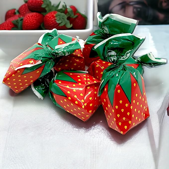 Gourmet Strawberry Hard Candy -Flavorful Gourmet Strawberry Bon Bons -1.5 lbs Authentic Straw berry Candy with Delicious Filling- Individually wrapped for Freshness-Approx 100 Pieces(24 oz)