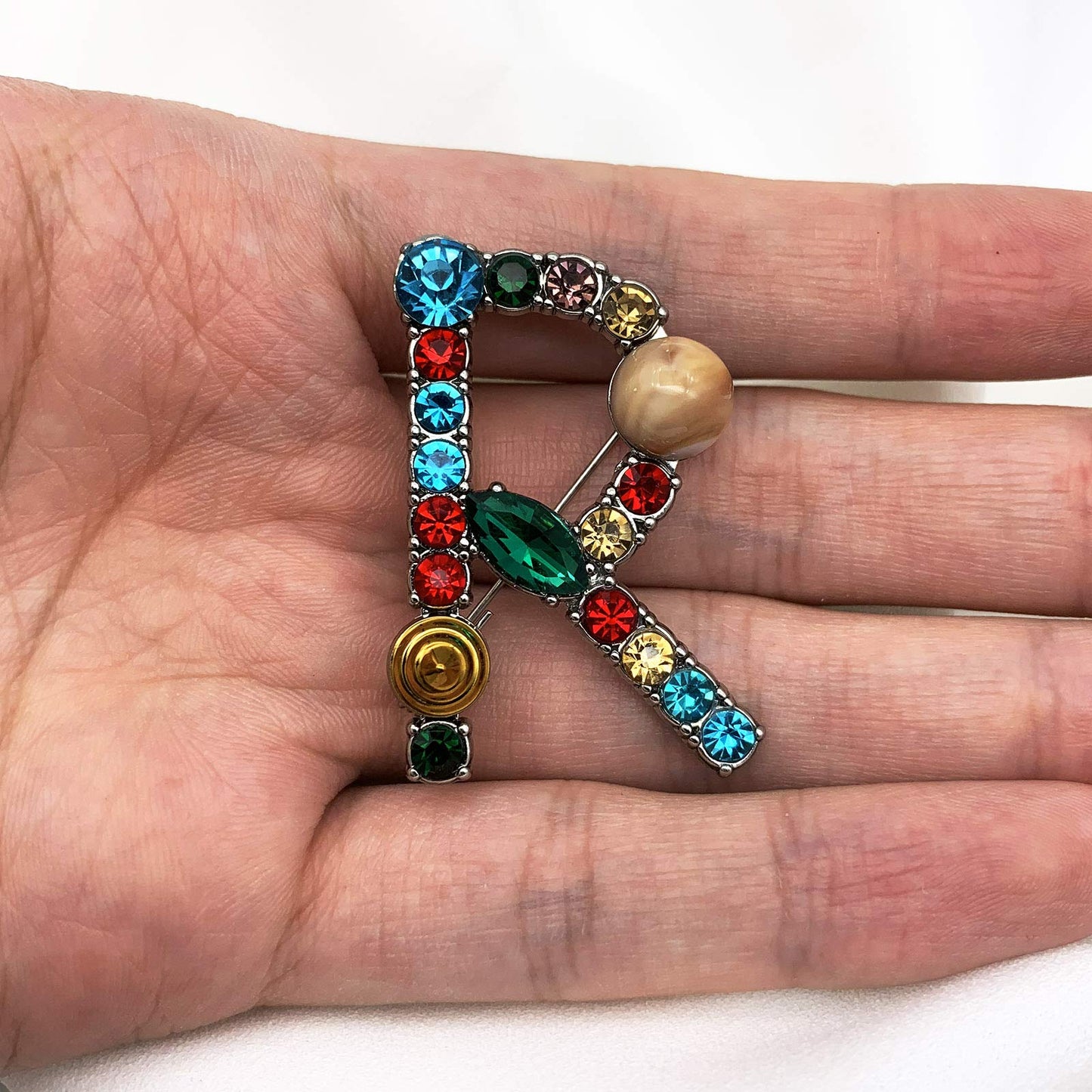 XGALBLA Letters R Plated Metal Stone Clear Colorful Crystal Lapel Pin Brooches Collar(Silver Tone)