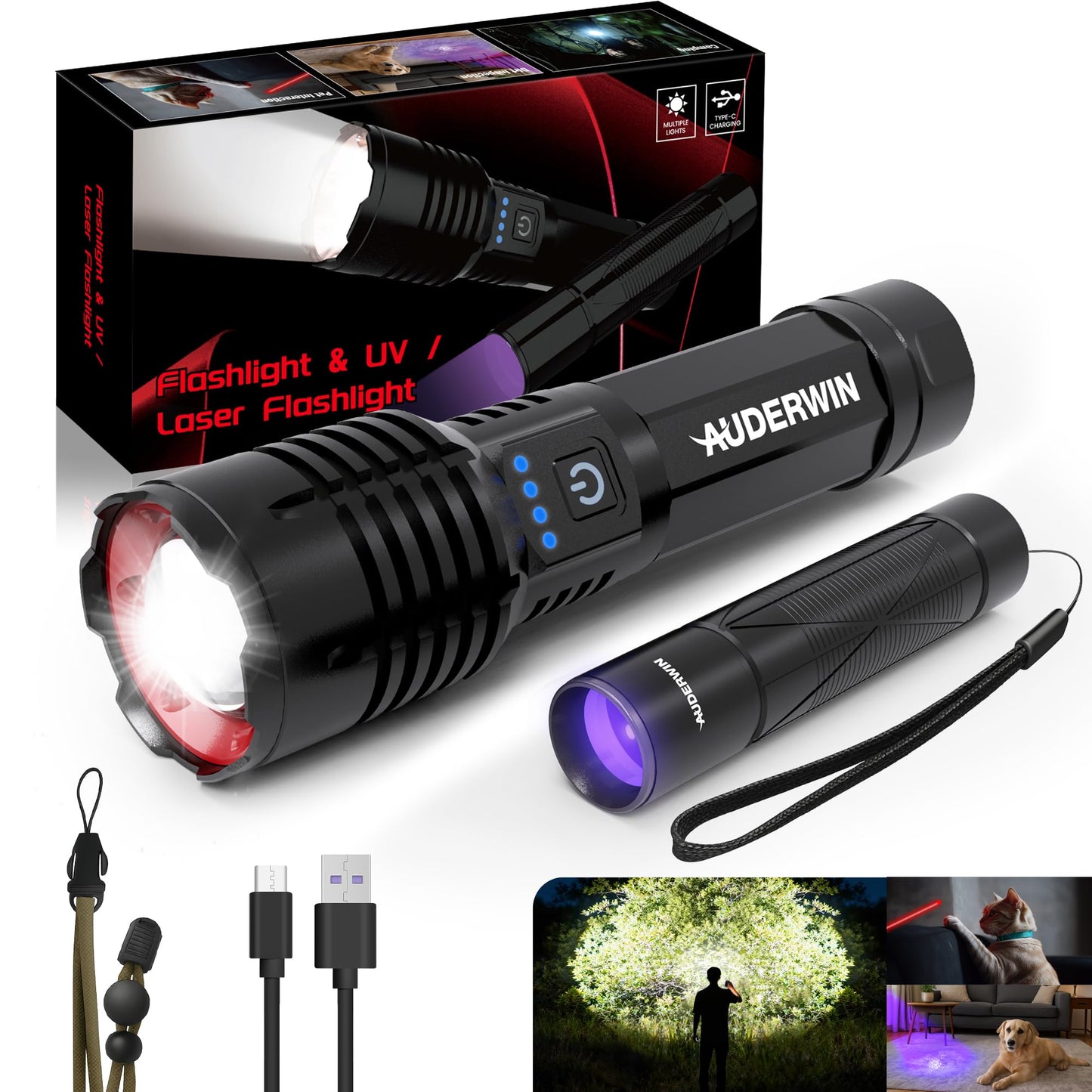 AUDERWIN G5 Rechargeable Flashlights 10000 High Lumens, EDC Flashlight with 365nm Black Light UV Flashlight & Laser Pointer for Emergency Detection Camping, Multifunctional 2-in-1 Set Gifts for Men