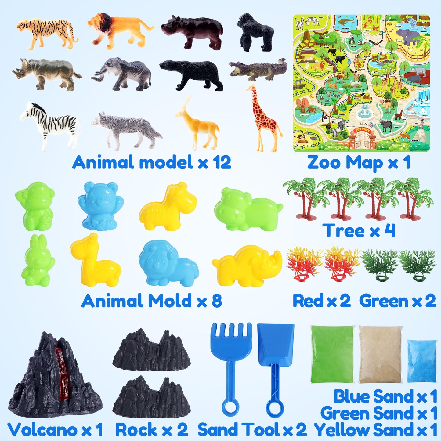 Billeeit Animal Sensory Bin Sand Toy, Play Sand Kit w/lid and 2.2lbs Moldable Sensory Sand, Molds, Tools, Map Set 35pcs Total, Fun Gifts for Kids 3+