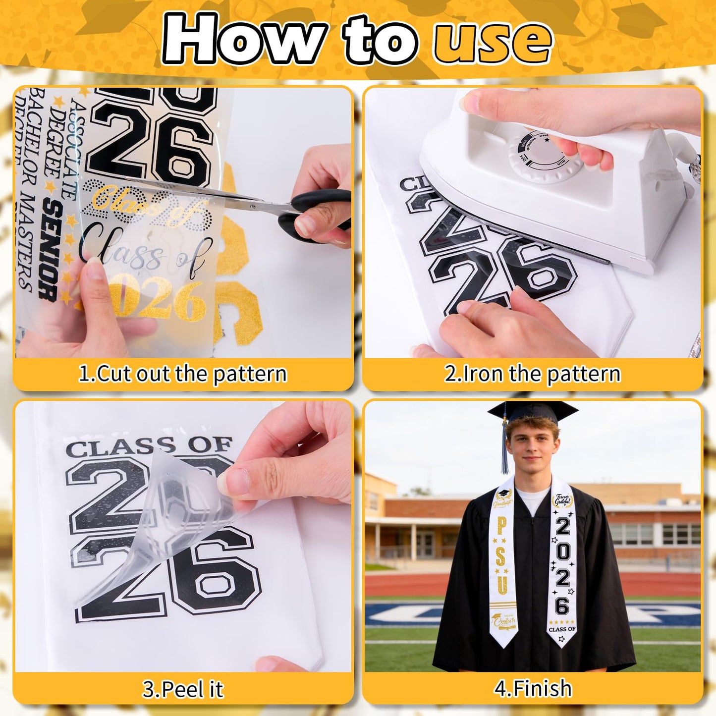 Meetory Graduation Stole Sash - Personalized Iron on transfers, DIY Customize Graduation Stole, Class of 2026 Decorations, Custom Iron on transfers for Graduation