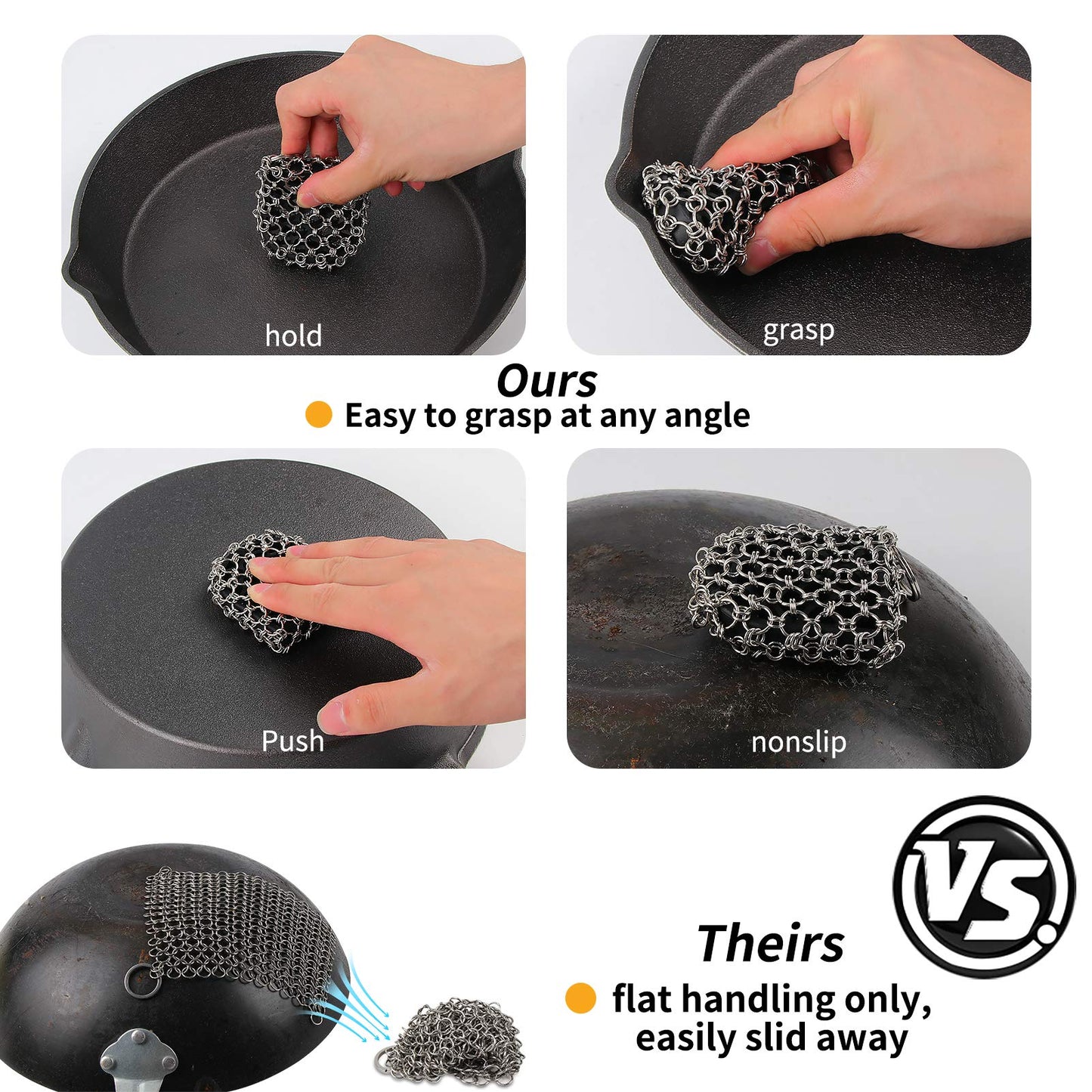 Herda Cast Iron Scrubber Tool Kit,2Pack Cast Iron Skillet Cleaner Cleaning Care Kit 316 Chain Mail Scrubber, Steel Skillet Brush Plastic Pan Scraper Set for Grill Griddle Pot Dish Food
