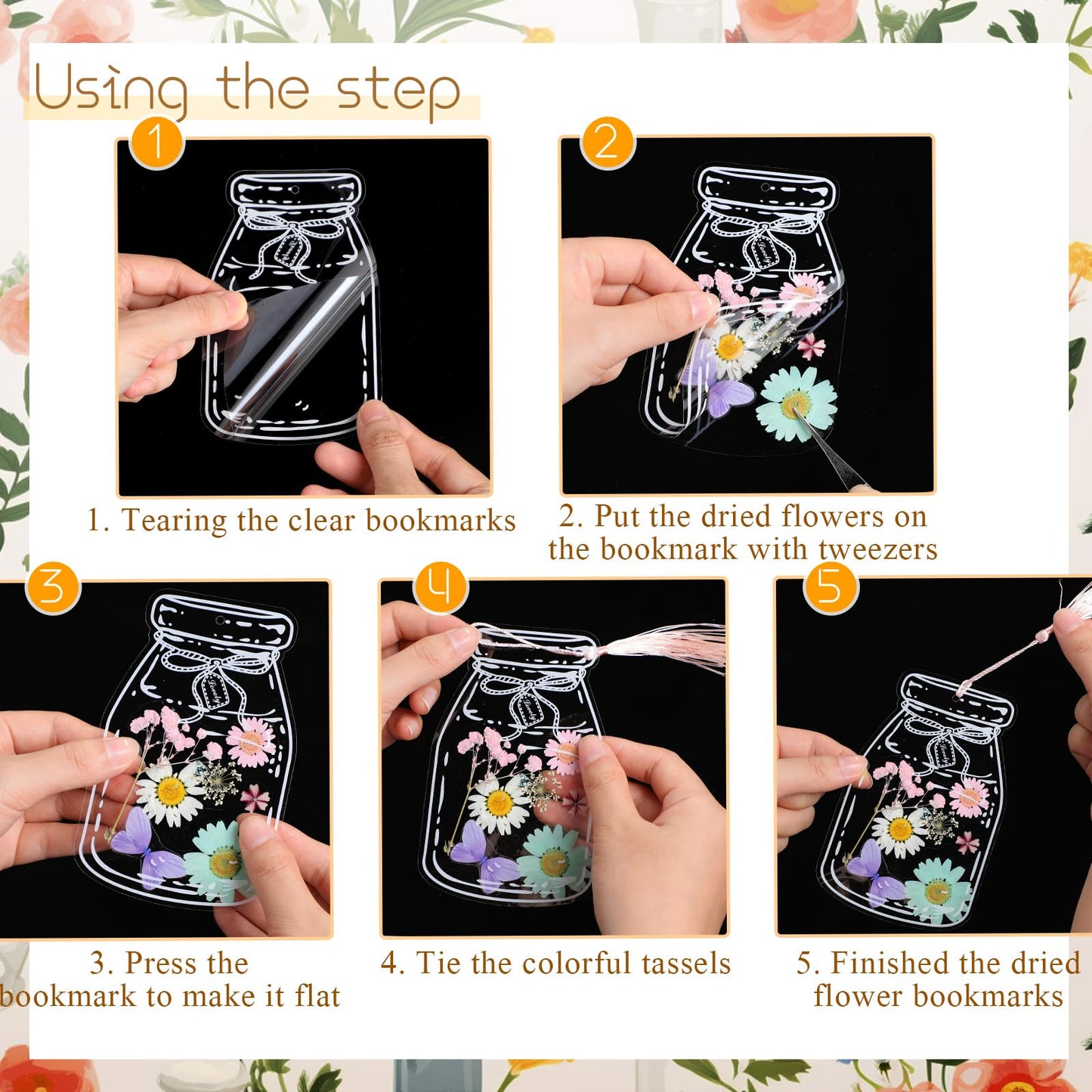 TaoBary 152 Pcs DIY Transparent Dried Flower Bookmark Set Handmade DIY Bookmarks with Dried Pressed Flowers Leaves Butterfly Stickers Colorful Tassels and Tweezers for Reader Writer(Macaron Color)