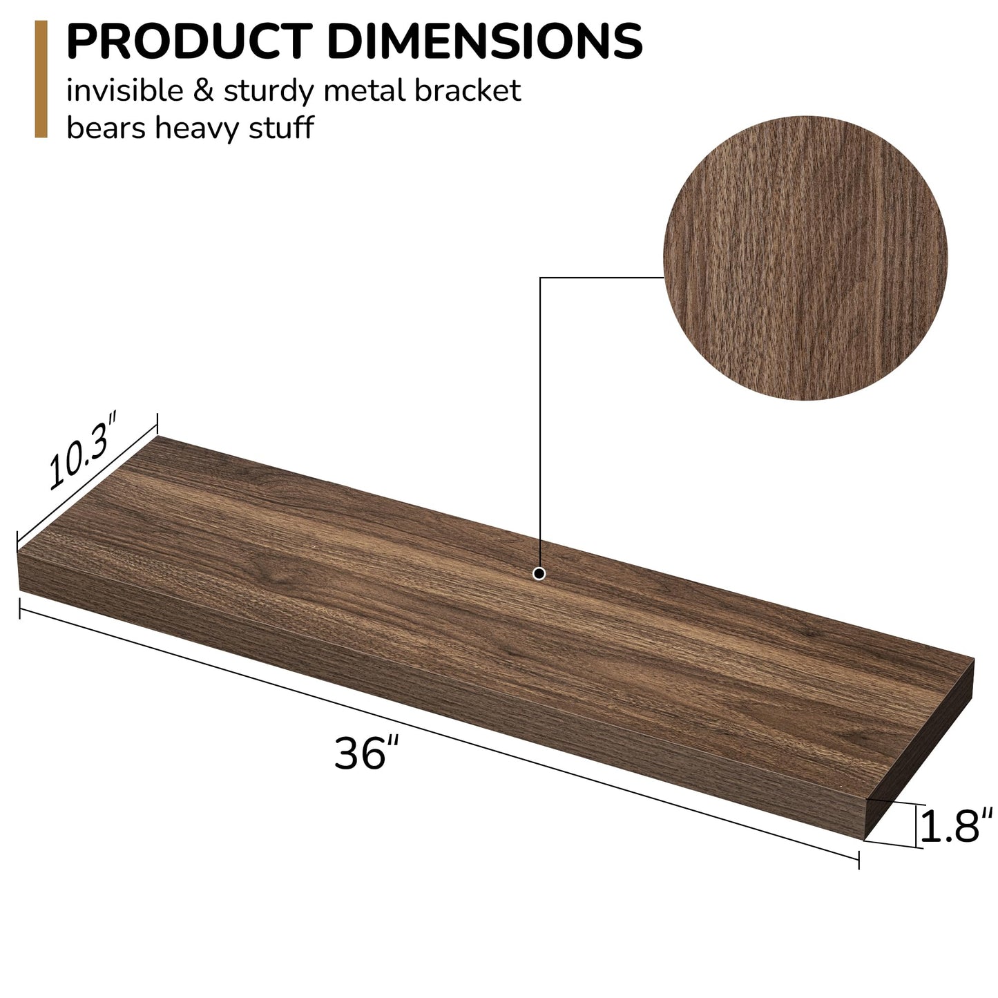 Fun Memories Floating Shelves - 10.3 Inch Deep Wall Shelf for Decor & Storage - Wall Mounted Display Shelving with Invisible Heavy-Duty Metal Bracket - 36"x 10.3"x 1.8" 1 Pack, Walnut