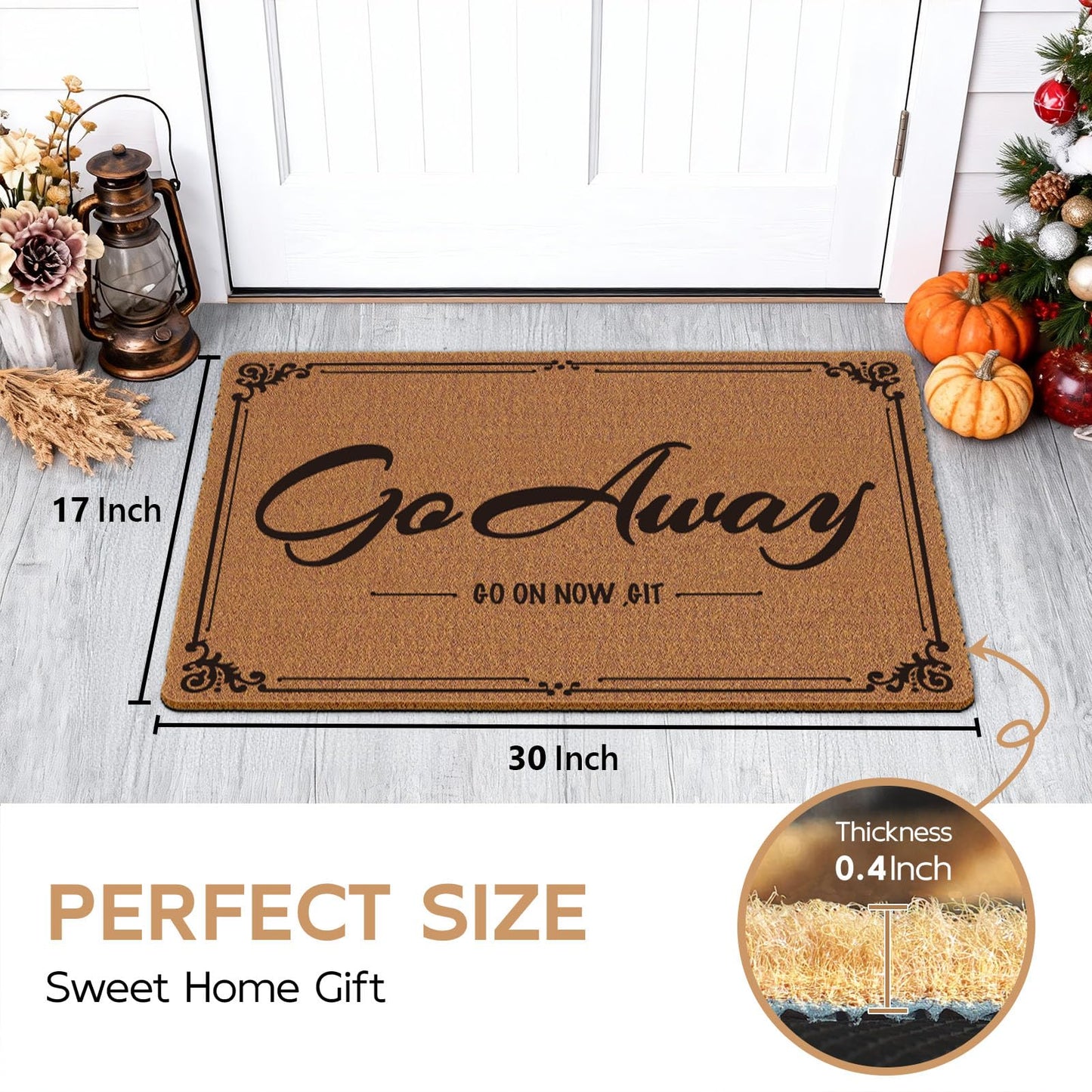Go Away Go On Now Git Doormat 30x17 Inch Front Mat Funny Halloween Coir Doormat Outdoors Indoor Washable Cute Holiday Welcome Mats for Entryway with Rubber Backing Home Decor Prank Gift