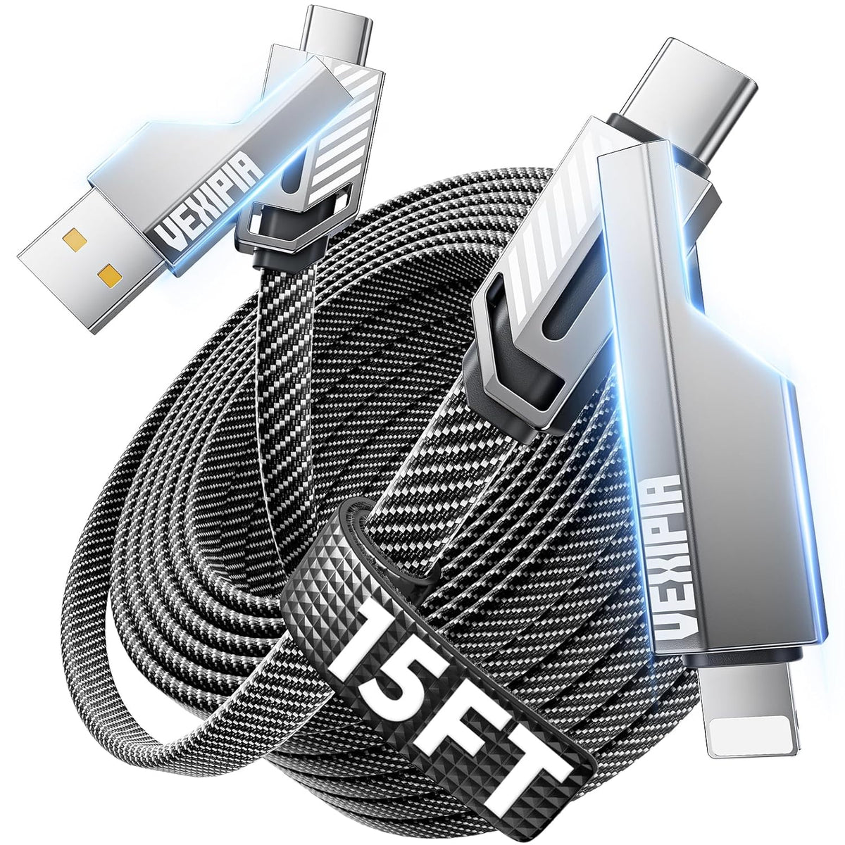 4-in-1 Long USB C Cable 60W 15FT Compatible With Lightning Cable [Fast Charging&Data Transfer] Flat Nylon Braided for iPhone iPad Charger Cord, Multi Charge Wire Combo with L/Type C/USB A Port