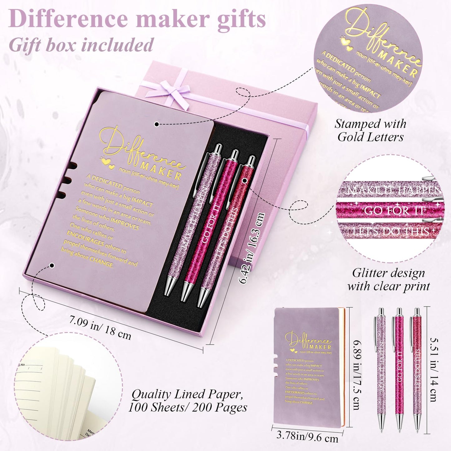 Thenshop 5 Pcs Employee Appreciation Gift Journal with Pen Difference Maker Inspirational Leather Notebook 3 Ballpoint Pens Box Thank You Gift for Coworker Teacher Volunteer Social Worker(Purple)