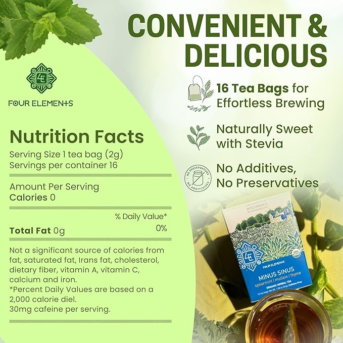 Four Elements Minus Sinus Tea [16 Teabags, 1.2 oz] | Organic Spearmint Tea with Mullein & Thyme | Caffeine Free Herbal Blend with Refreshing Aroma & Comforting Flavor | Enjoy Hot or Iced Latte