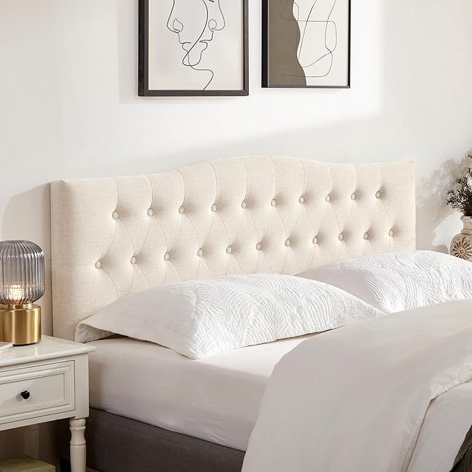 Tufted Upholstered Headboard Queen Size, Sturdy and Durable Solid Wood Bed headboard, Fabric Headboard Adjustable Height from 37” to 51”, Modern Button Diamond Design Head Board, Beige