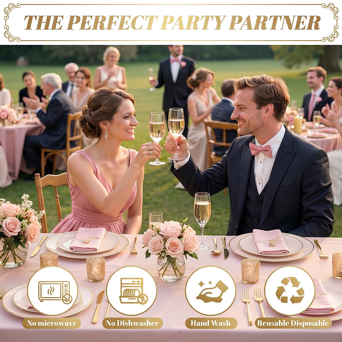 I00000 150 PCS Pink Plastic Plates for Party,Heavy Duty Pink Disposable Plates,Gold Dinnerware Set Include 30 Dinner Plates,30 Dessert Plates,30 Gold Plastic Silverware Set for Mother's Day