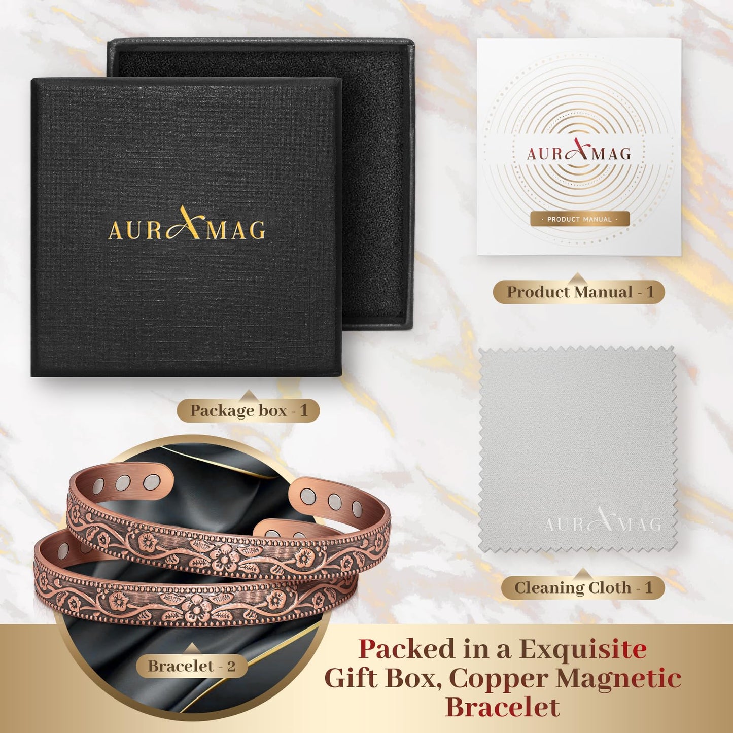 Auramag Copper Bracelets for Women, 99.99% Pure Copper Cuff Bangle with 3500 Gauss Magnets, Adjustable Jewelry with Gift Box(Set of 2)