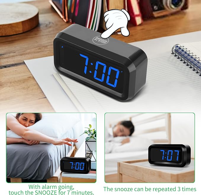 KWANWA Small Digital Alarm Clock, 1.2inch Dark Blue LED Digits, Adjustable Brightness, Dim Night Model, 12H/24H, Battery Operated, Wall Mount, Snooze, Clock for Kids Bedroom, Small Travel Clock