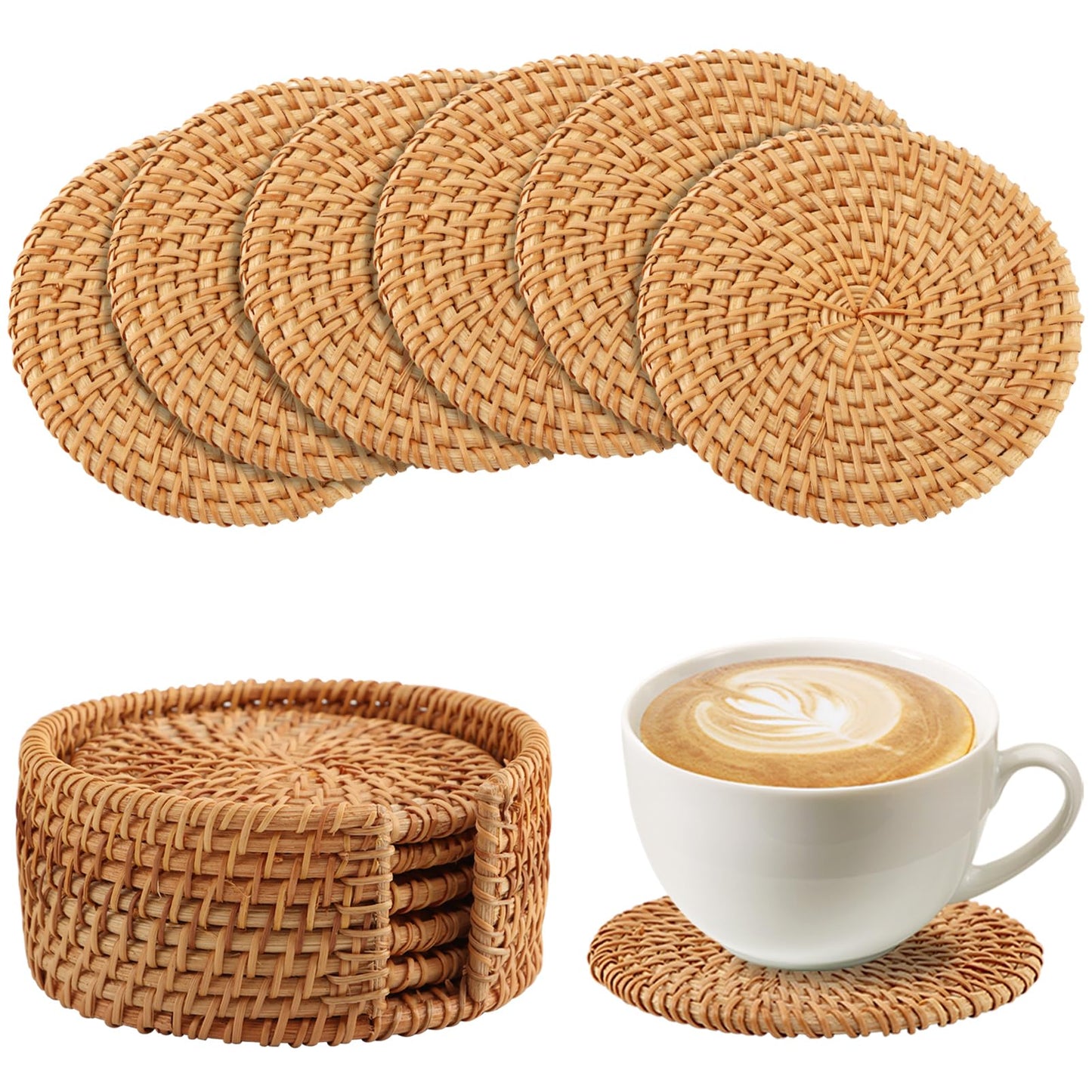6pcs Handmade Rattan Coaster Set with Holder - Wicker Coasters, Heat-Resistant Drink Coasters for Coffee Table, Housewarming Gifts, Home Decor