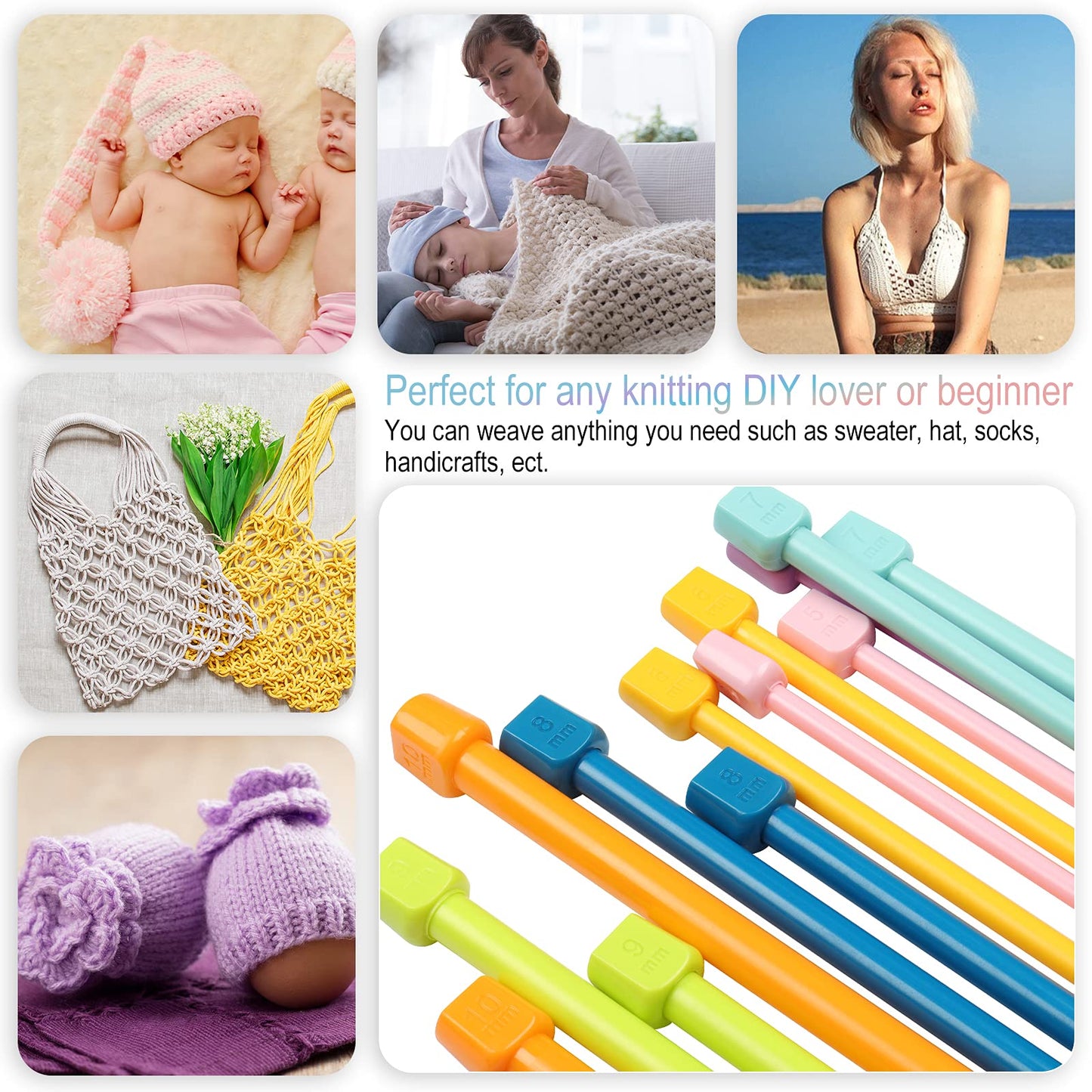 Coopay 14PCS Plastic Knitting Needles for Beginner, 10 inch Long Straight Knitting Needles Single Pointed Needles Colorful Knit Needle Set Knitting Kit DIY Craft Yarn Weaving Tool,4mm to 10mm