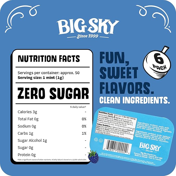 Big Sky Sugar Free Mints Blue Rasberry | No Artificial Colors or Flavors | Kosher, Vegan, Gluten Free | Aspartame & Xylitol Free | 50 Count Tin (Pack of 6)