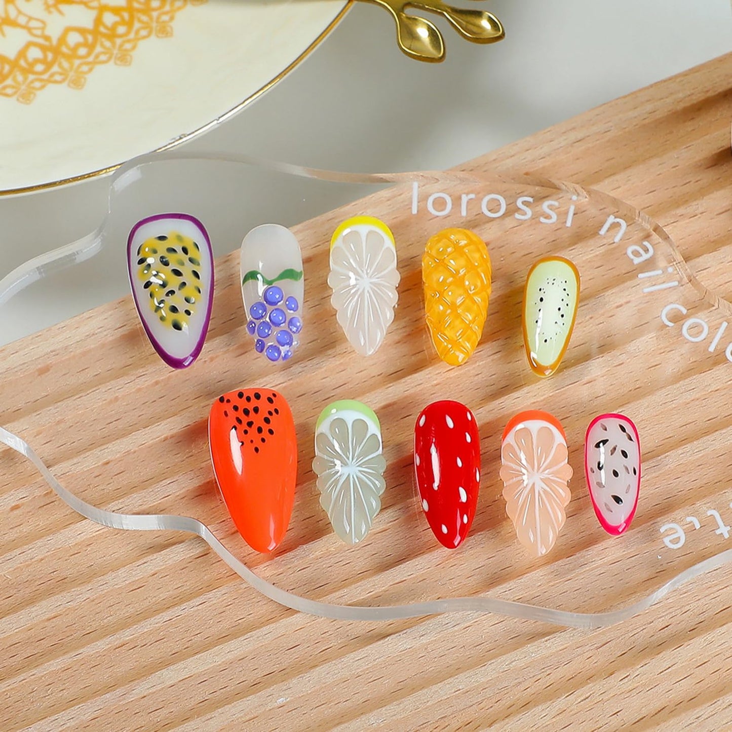 Handmade Fruit Press on Nails Luxury Thick Medium Almond Fake Nails with Lemon Grape Mango Pattern Design Muti-Layer Gel Spring Summer Fruit False Nails Full Cover Acrylic Nails for Women (Size S)