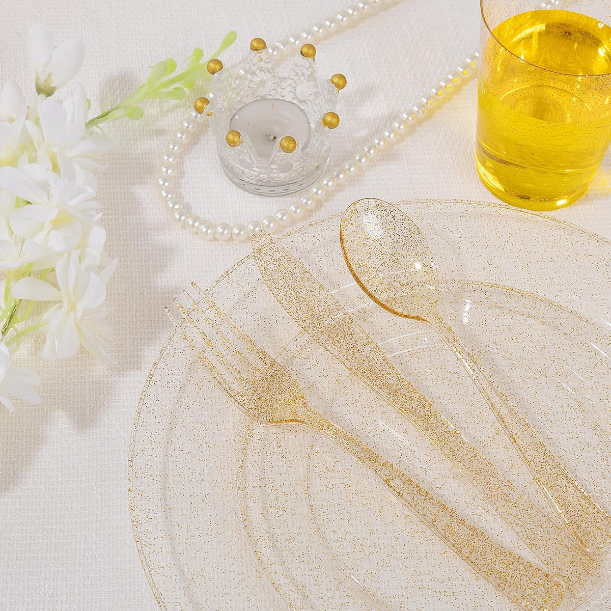 Supernal 400pcs Gold Glitter Plastic Dinnerware, Disposable Plates for Party Include 50 Gold Plastic Plate, 50pcs Dessert Plate 100 Glitter Forks, 50 Disposable Knives and Spoons, 50Cups and Napkins