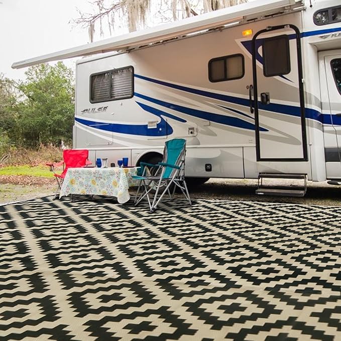SAND MINE Reversible Mats, Plastic Straw Rug, Modern Area Rug, Large Floor Mat and Rug for Outdoors, RV, Patio, Backyard, Deck, Picnic, Beach, Trailer, Camping, Black & Beige, 10' x 14'