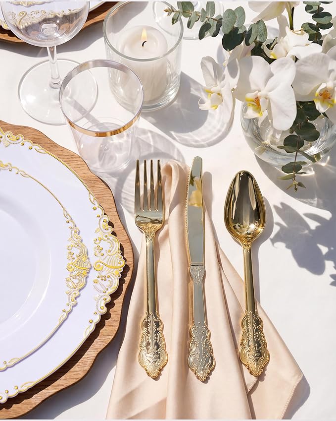 Nervure 100Pcs White and Gold Plastic Plates - 7.5inch Gold Disposable Plates - Heavyweight Plastic Dessert Plate for Wedding & Party