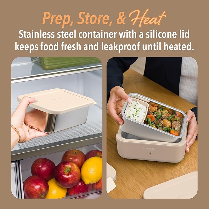 Bentgo Heat - Electric Lunch Box - Portable Food Warmer for Adults, Heated Lunch Box for Work, Travel, School & On the Go, Plug Into Wall or Car, Ideal for Ages 14+, 12V/24V & 120V Cords (Latte)