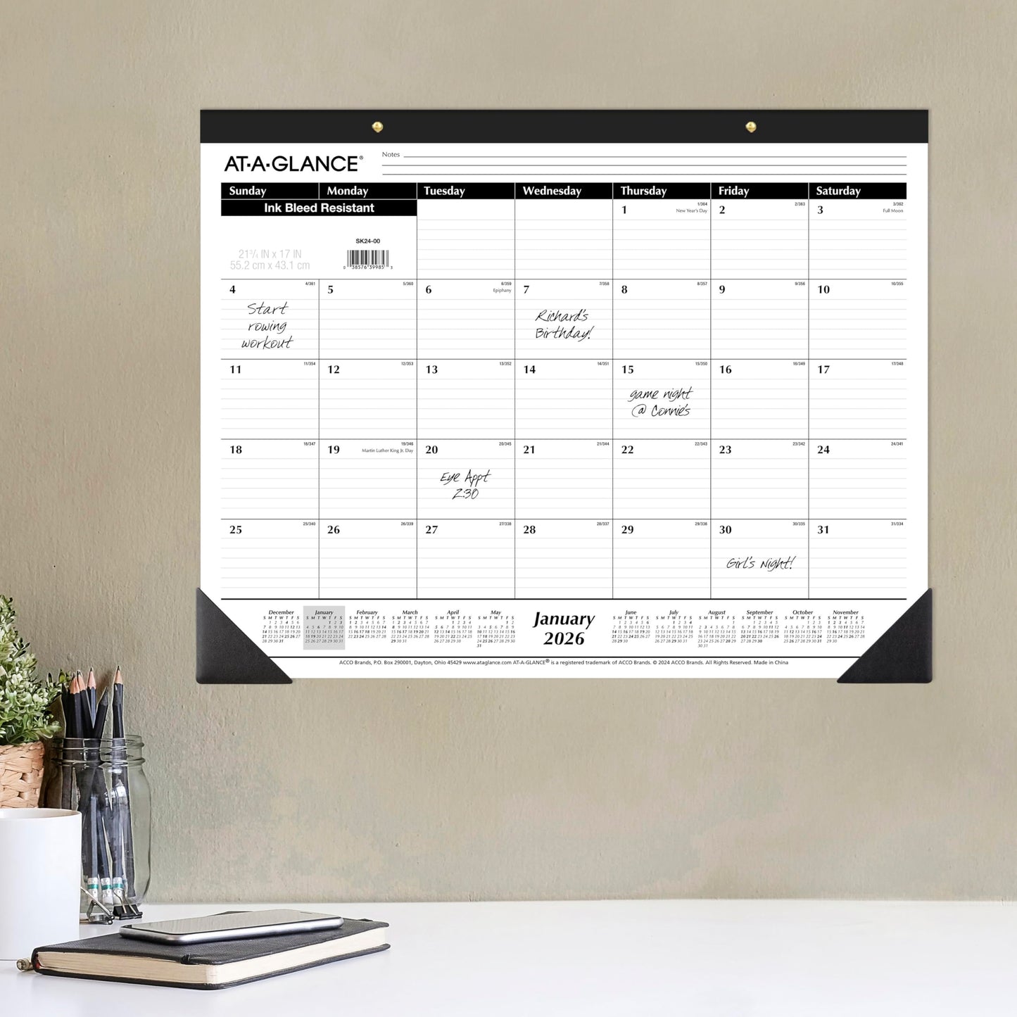 AT-A-GLANCE 2026 Desk Calendar, Desk Pad, Monthly, 21-3/4" x 17", Large, Ruled Blocks, 3 Pack (AZSK240026), White