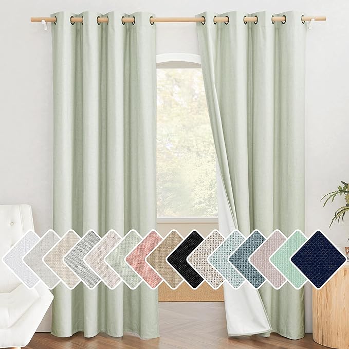 NICETOWN Sage Green Living Room Completely Shaded Linen Textured Draperies, 2 Pieces, W52 x L84, Privacy Protection & Noise Reducing Ring Top Drapes, White Lined Insulated Window Treatment Curtains