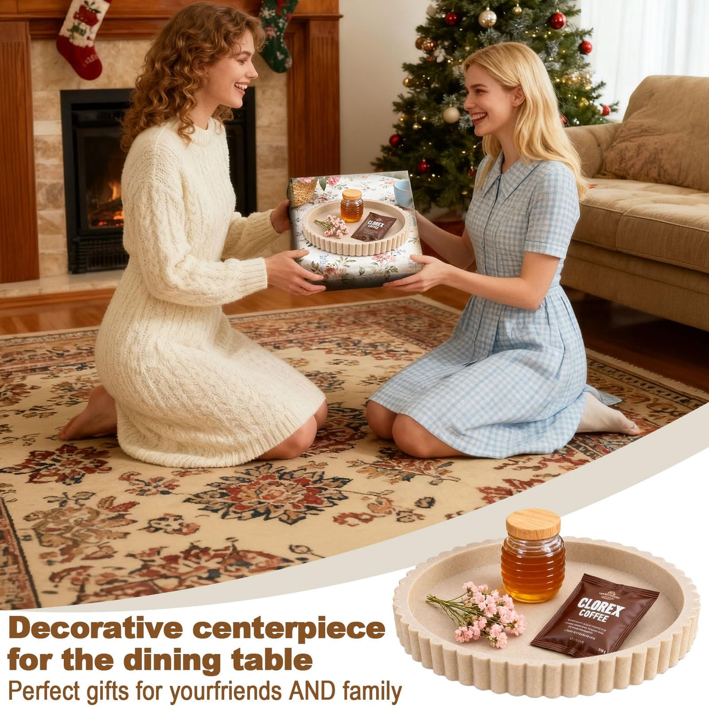 Handmade Fluted Decorative Tray - 11 Inch Round Coffee Table Centerpiece & Serving Tray for Kitchen Island, Vanity, Ideal as a Perfume Tray or Elegant Wedding Gift (Gray, 11 in)