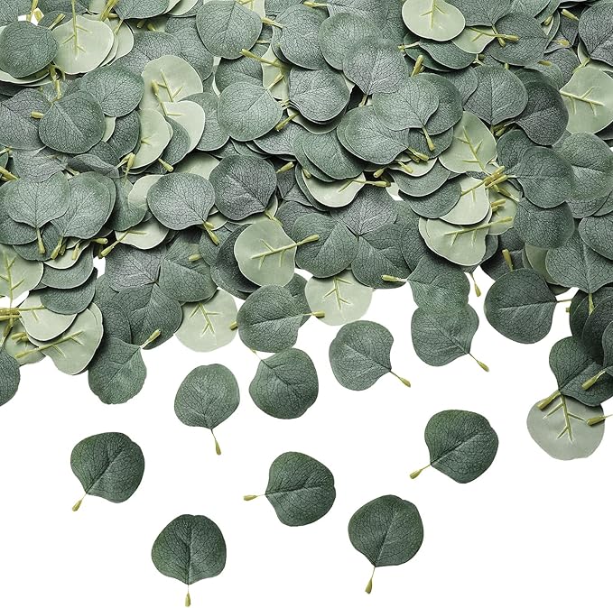 WILLBOND 400+ Pcs Eucalyptus Leaves, Fake Eucalyptus Petals Boho Wedding Table Decor Loose Greenery Confetti for Wedding Engagement Party Decoration, DIY, Baby Shower, Table, Cake(Green)