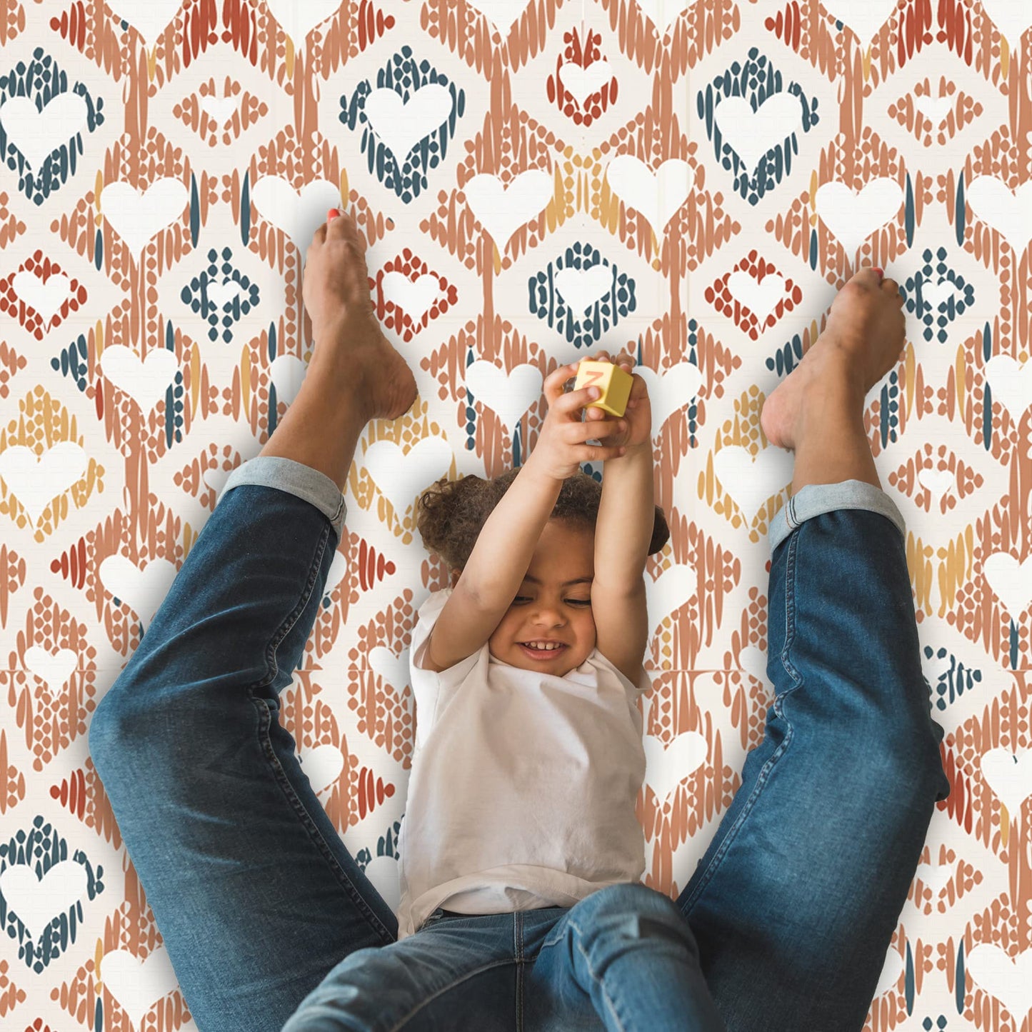 JumpOff Jo Foldable Foam Play Mat – Large Waterproof Baby & Toddler Activity Floor Mat, Double-Sided 70 x 59 Inch Play Surface - Boho Hearts