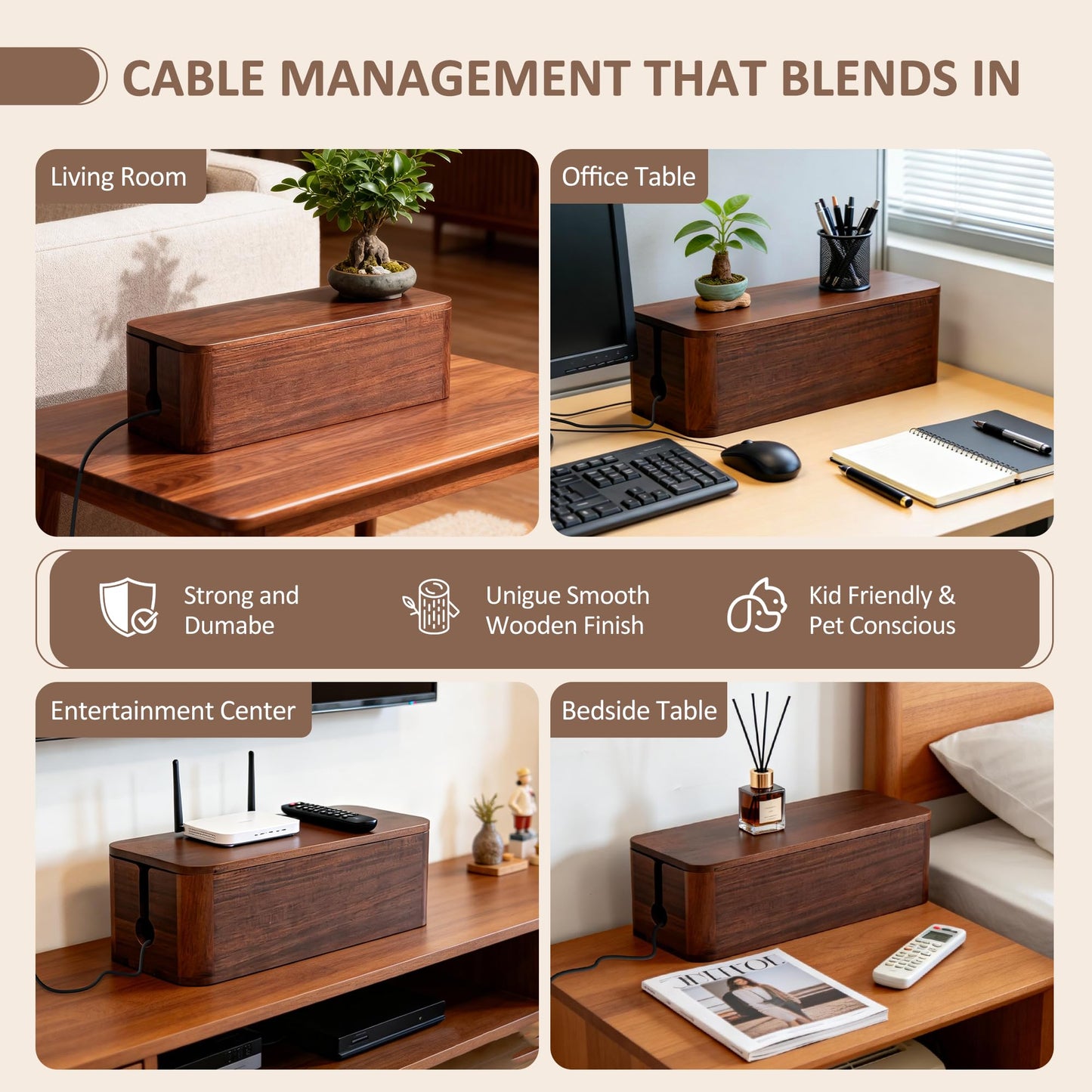 Large Acacia Wood Cable Management Box - Cord Hider & Organizer for TV Wires, Power Strip, Electrical Hiding, Desk & Floor Cables - Solution Wire Storage Solution for Office, Living Room, Bedroom