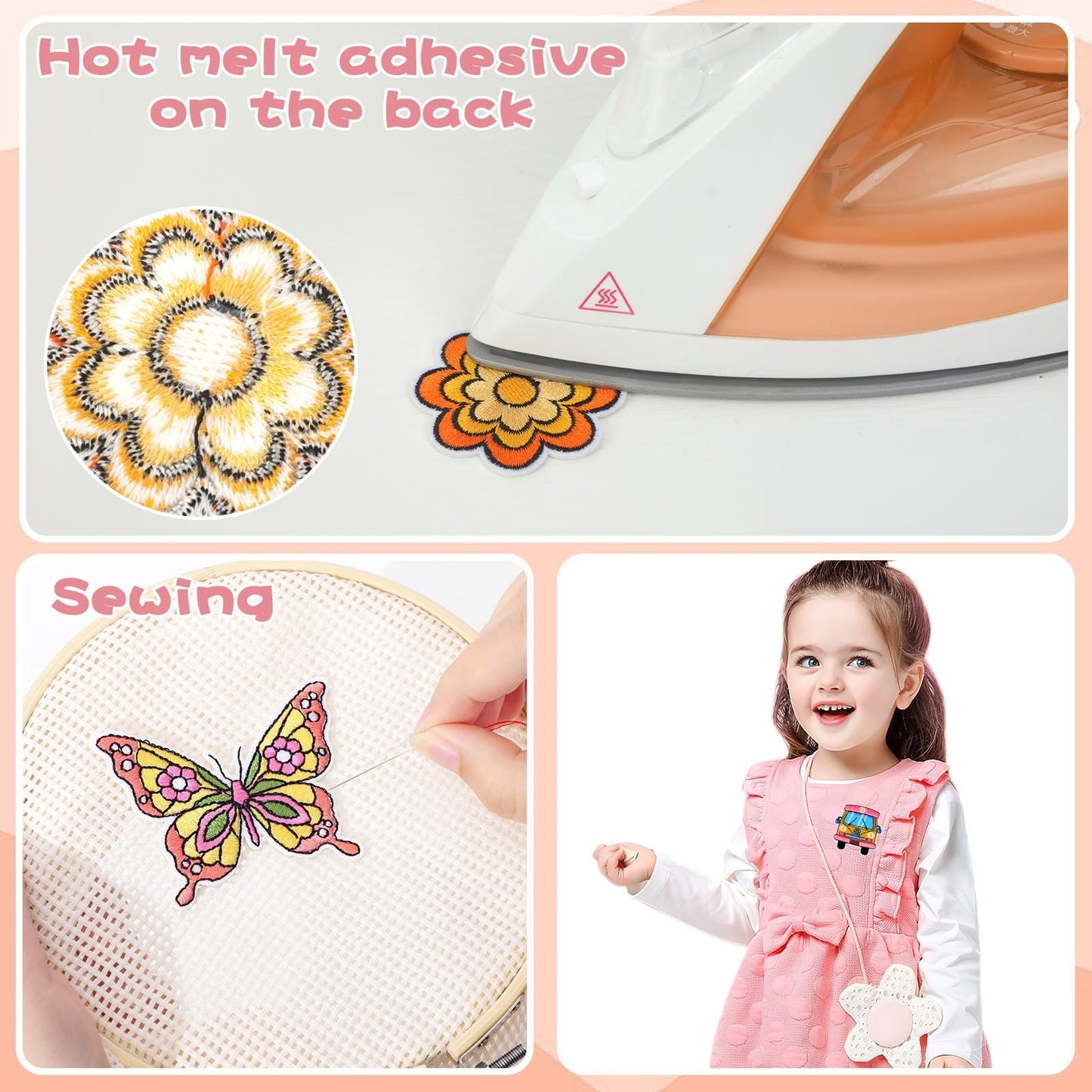 AUGSUN 60pcs Hippie Embroidered Patches Random Assorted Styles Hippie Theme Iron on Patches for Girls, Wonmen DIY Sew Applique Repair Patch Cute Sew on Patches for Backpacks Pants Clothes Jeans