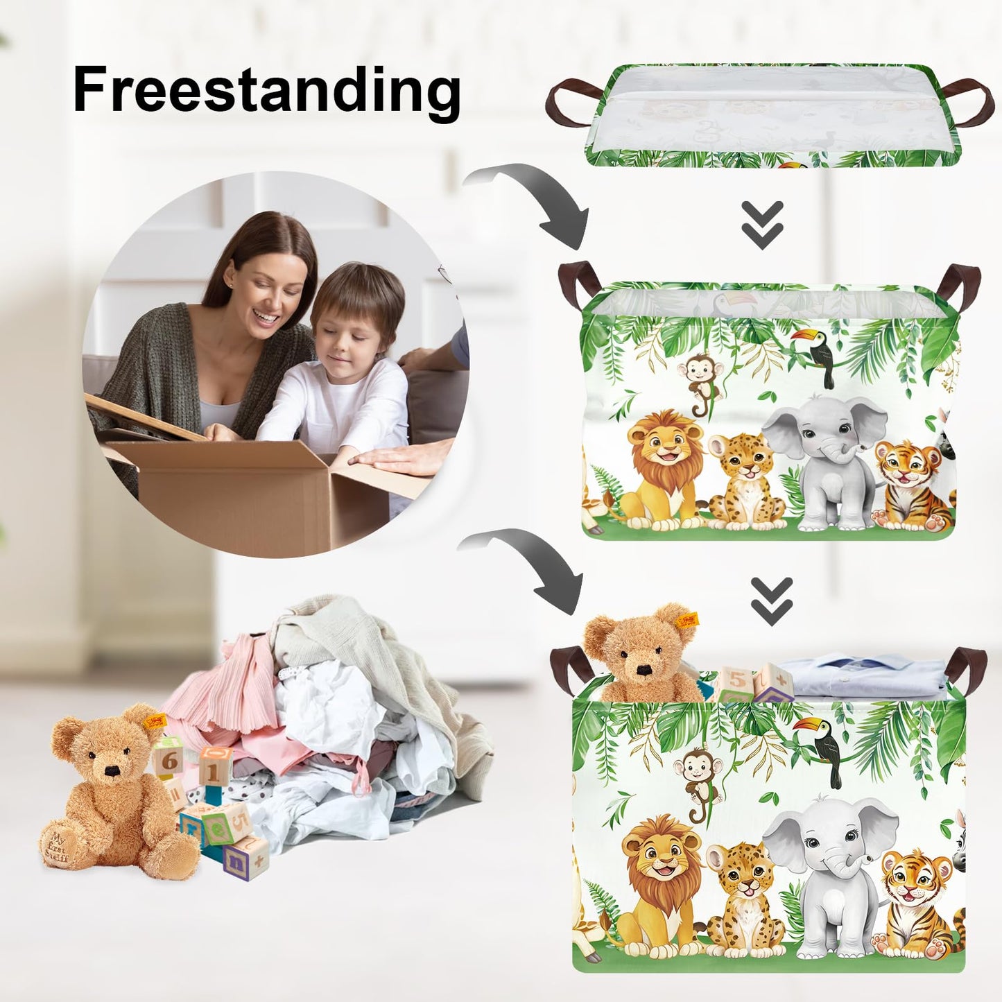Clastyle Safari Animal Laundry Basket Leaf Kids Clothes Book Storage Basket Gift Toy Box for Bedroom Decor,Elephant Lion Giraffe,40x30x30 cm