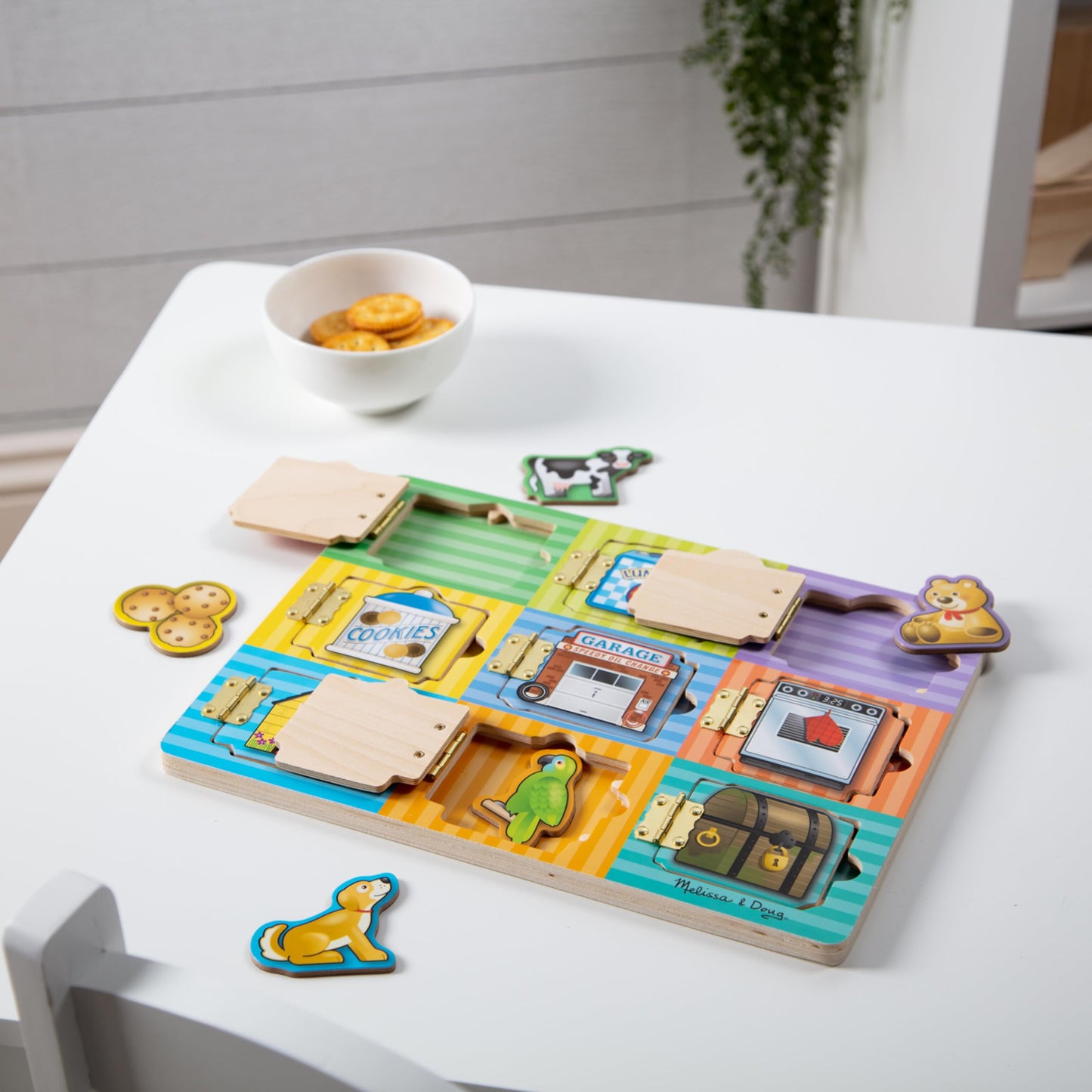 Melissa & Doug Wooden Hide & Seek Activity Board – Montessori Busy Board with Hinges, Doors & 9 Wooden Magnetic Puzzles, Educational Preschool Learning Toy for Toddlers & Kids Ages 3+