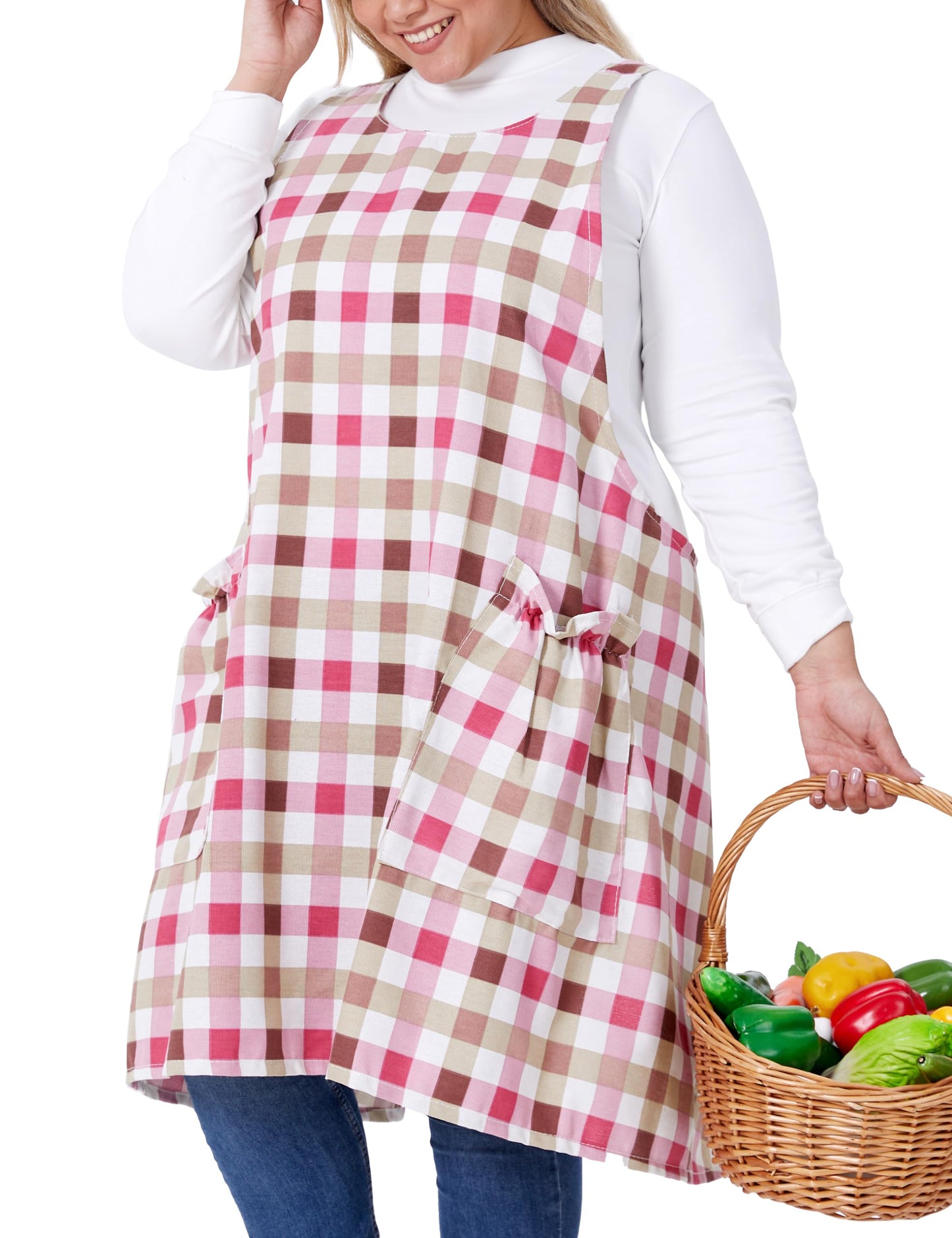 VIKIDEER Comfortable Huge Plus Size Aprons for Women Adjustable Cross Back Floral Cotton Linen Aprons Red Grid