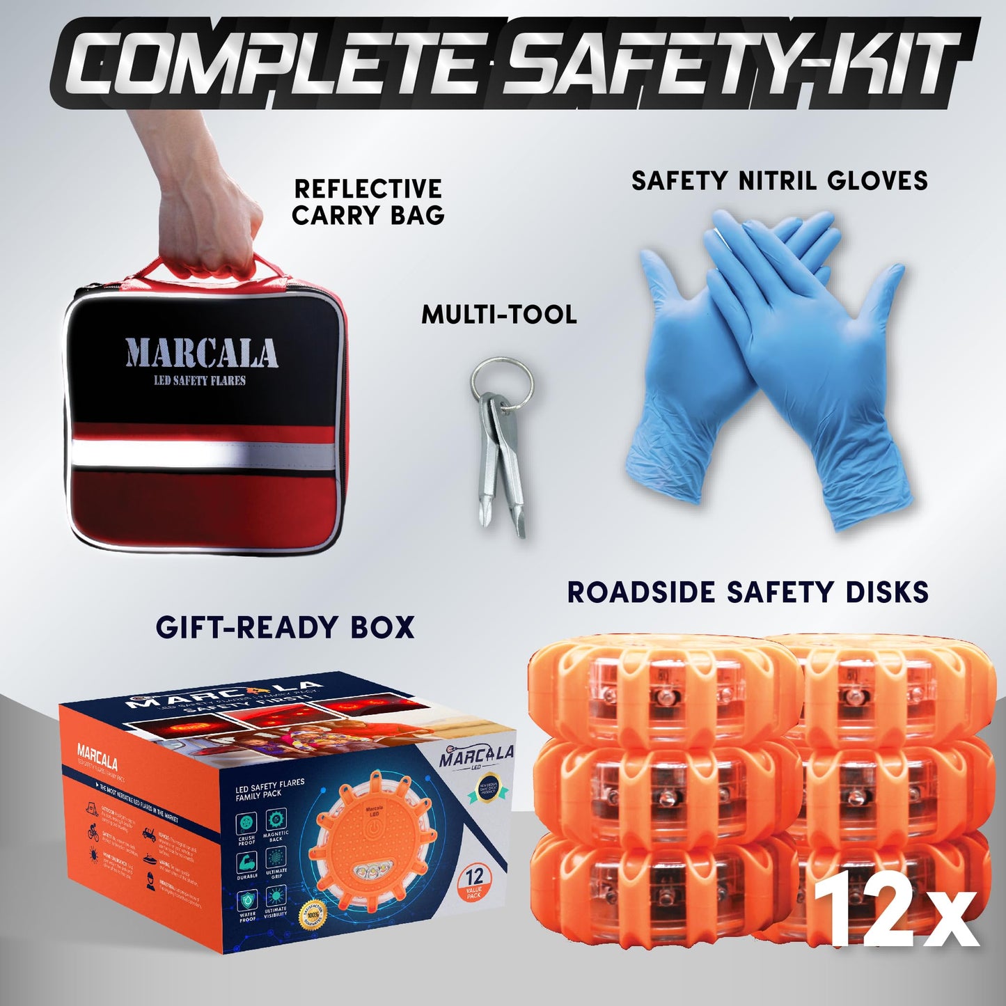 Marcala 12-Pack Emergency Flares for Vehicles | Emergency Roadside Lights | Complete LED Road Flares Kit | Emergency Lights For Vehicles | Perfect For Gifting or Everyday Roadside Safety