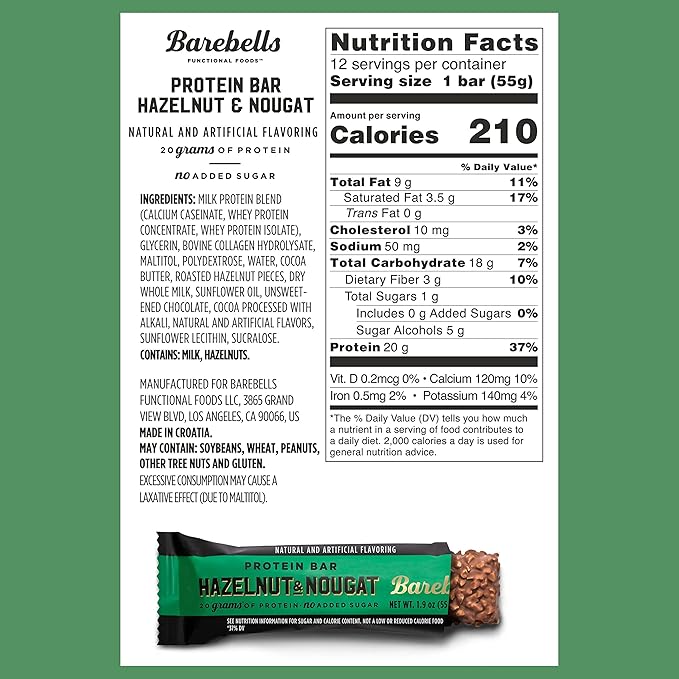 Barebells Protein Bars Hazelnut & Nougat - 12 Count, 1.9oz Bars - Protein Snacks with 20g of High Protein - Chocolate Protein Bar with 1g of Total Sugars - On The Go Protein Snack & Breakfast Bars