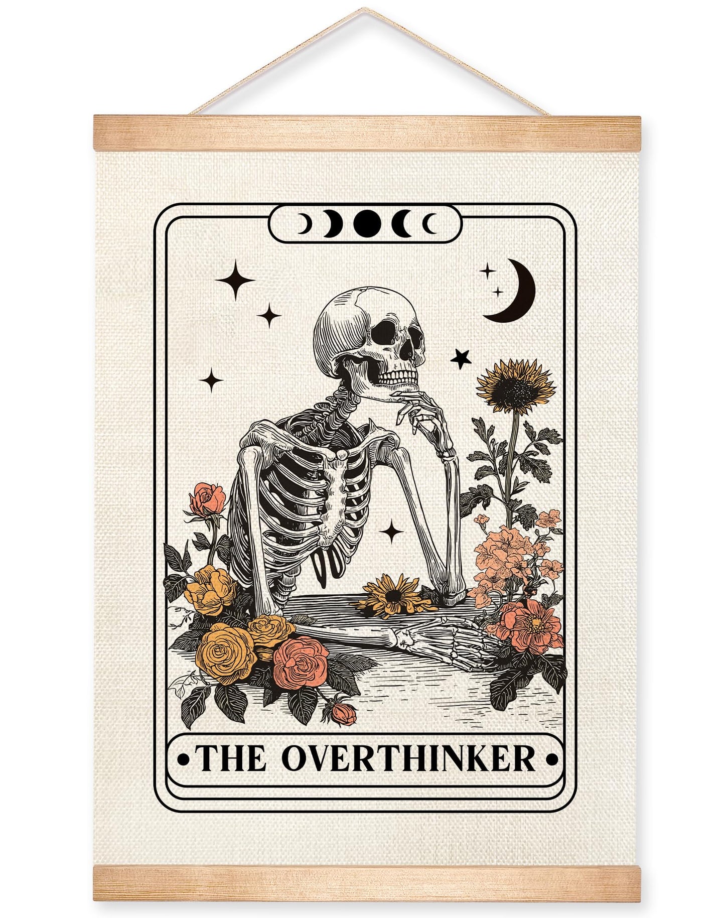 HEYJEEPER The Overthinker Tarot Card Wall Art,Skeleton and Floral for Witch Room Decor,Humorous Wall Hanging Linen Print Poster for Bedroom,Library, Study room 14x18inch(The Overthinker)