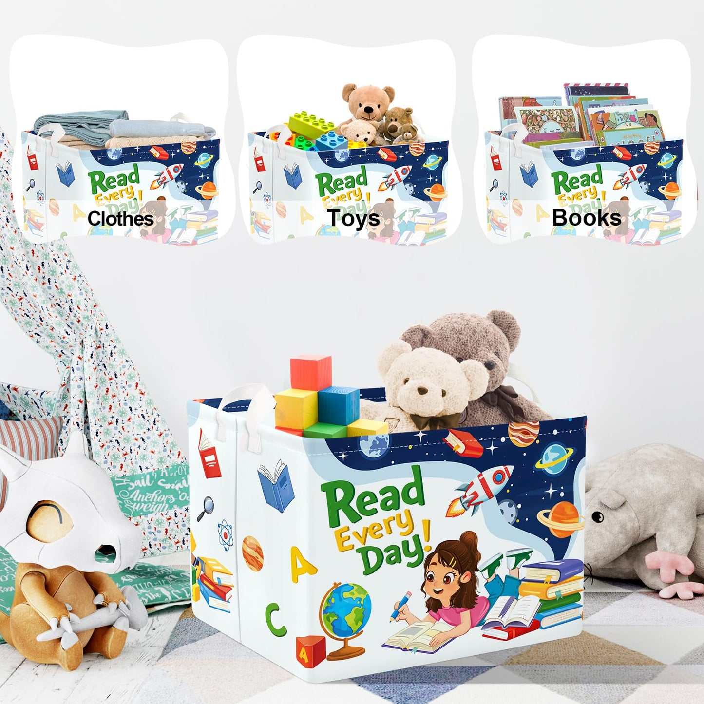Clastyle Space Reading Fun Study Book Kid Storage Basket Baby Laundry Hamper Boy Gift Toy Box Collapsible Clothes Organizer Nursery Bin for Bedroom, Rocket, 40*30*30 cm