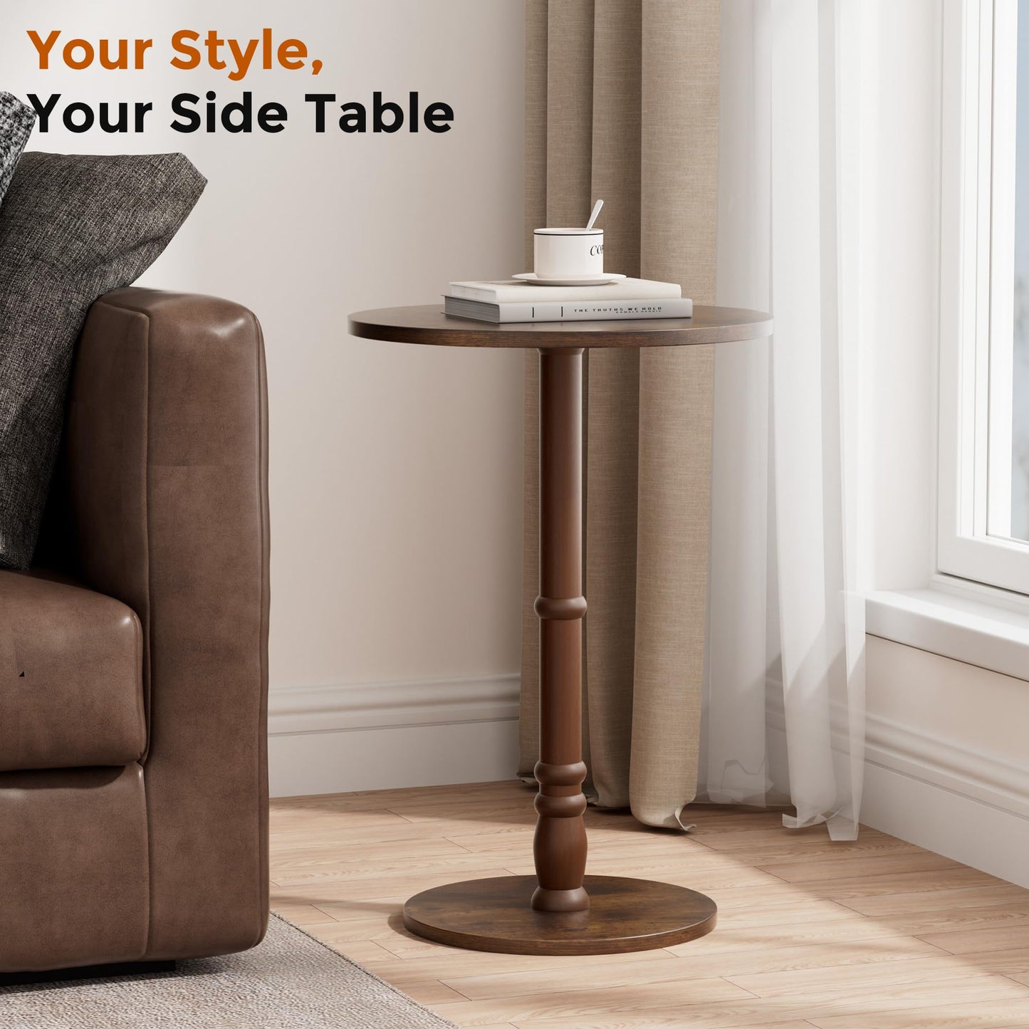 Homleke 16" Round Side Tables, Solid Wood Pillar with Wood Top & Base, Small Drink Accent Table for Living Room, Bedroom, Sofa & Office, Easy Assembly, Rustic Brown