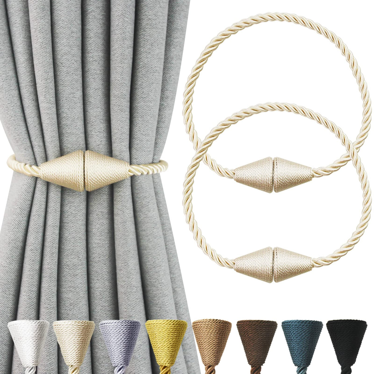 2 Pack Magnetic Curtain Tiebacks Rope Modern Handmade Curtain Tie Backs Decorative Drapes Weave Holdbacks for Window Décor