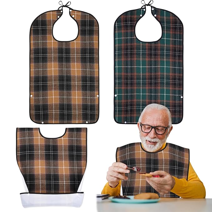 XKDOUS 2pcs Adult Bibs For Men Washable, Reusable Waterproof Large Bibs For Adult, Clothing Protector With Crumb Catcher, Brown & Green Bibs For Eating, Feeding Elderly Senior Citizens Gifts