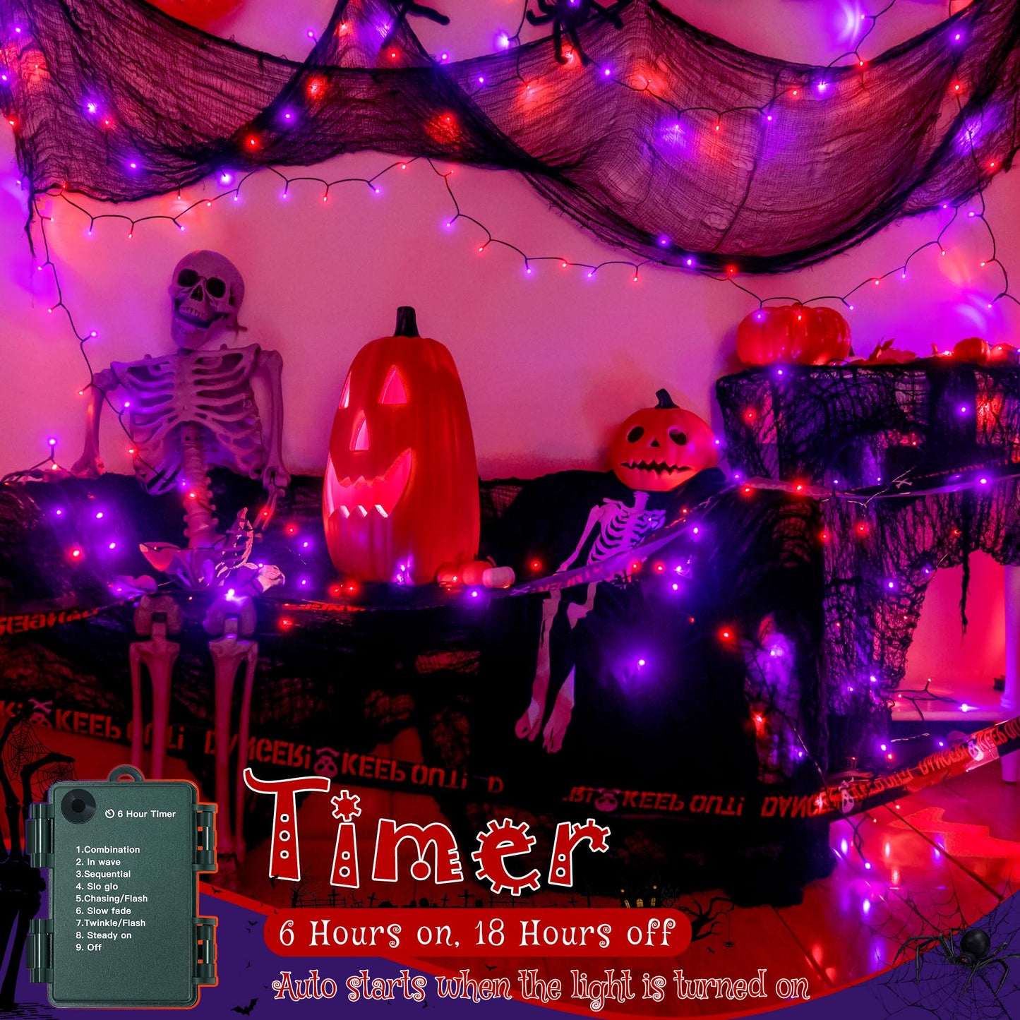 Ollny Halloween Lights 100LED 33FT, Orange and Purple String Lights with Creepy Cloth(197 x 63 in), Battery Operated Fairy Lights with 8 Lighting Modes Timer for Outdoor Party Yard Decor