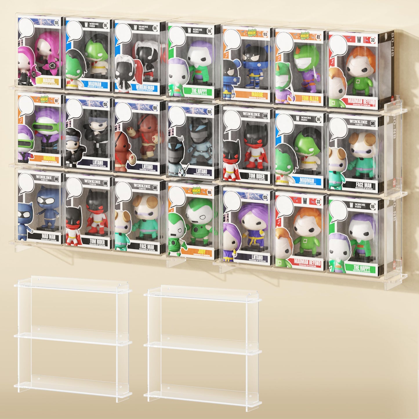 WINKINE Wall Display Shelves Compatible with 21 Funko Pop in Box, Easy Install - Only 2 Screws per Shelf, Acrylic Floating Shelves Stackable, Action Figure Stand, Collectibles Display Case, 2 Pack