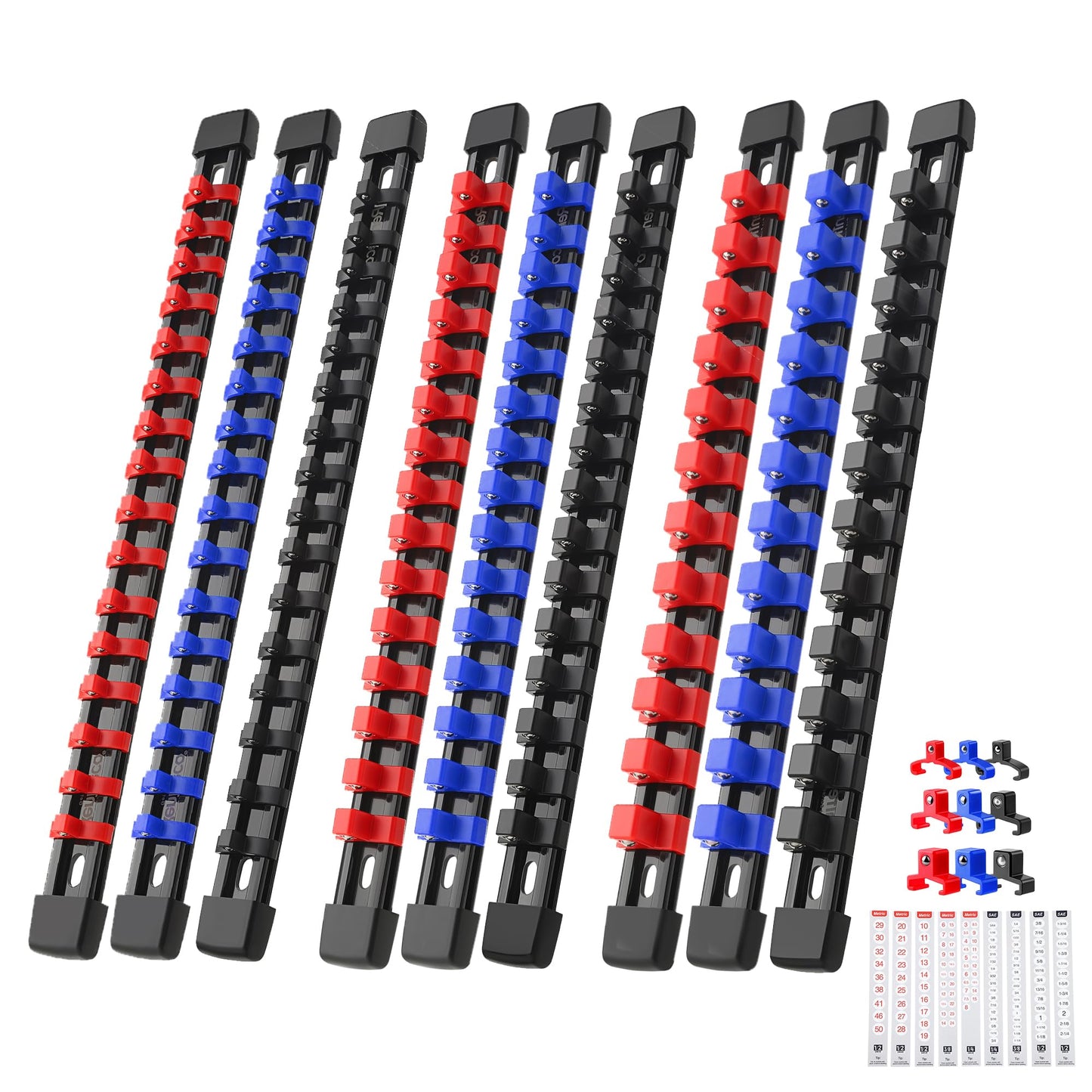 Reniteco 9-Piece Socket Organizer Set - 1/4-Inch x 48 Clips, 3/8-Inch x 45 Clips, 1/2-Inch x 36 Clips, Heavy Duty ABS Socket Holder, Premium Quality Socket Clip Rail Holder for Tool Box Drawer