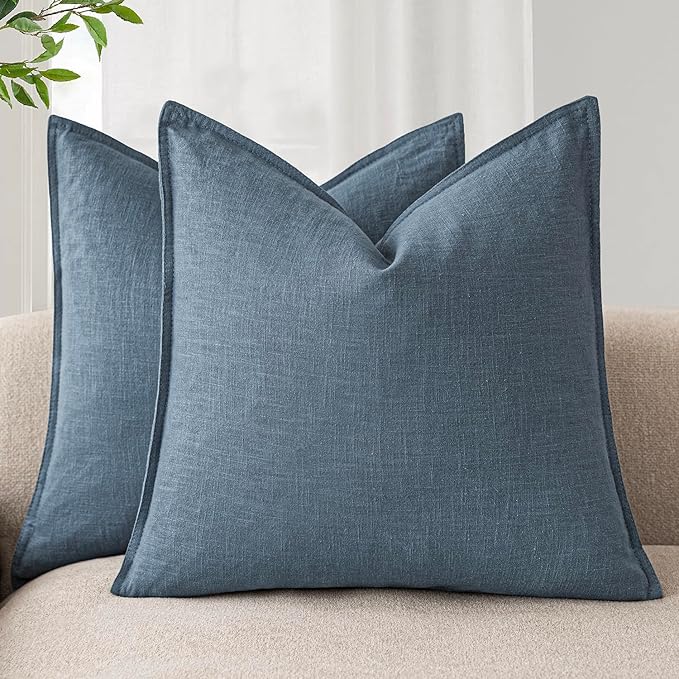 Foindtower Set of 2, Decorative Linen Soild Throw Pillow Covers Soft Accent Euro Cushion Case Boho Farmhouse Neutral Pillowcase for Couch Sofa Bedroom Living Room Home Decor 24 x 24 Inch Misty Blue