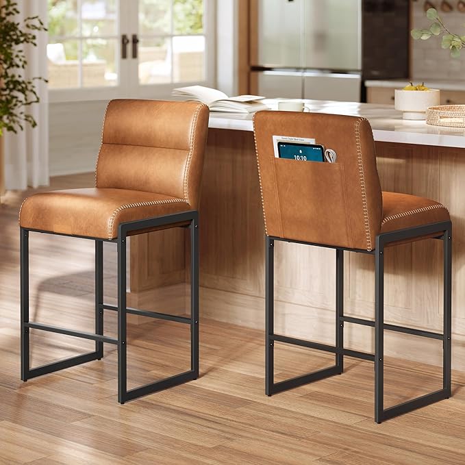 VASAGLE EKHO Collection - Bar Stools Set of 2, Counter Height Stools with Backs, 26.4-Inch Barstools Chairs, Synthetic Leather with Stitching, Mid-Century Modern, Dining Kitchen Island, Caramel Brown